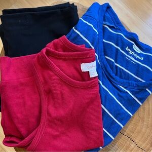 3-for-1 Basics Bundle - Black leggings, red tank, and blue striped boyfriend tee